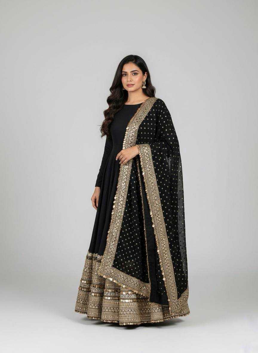 Heavy Roman Silk Anarkali Gown (Black) UNV-GN-004