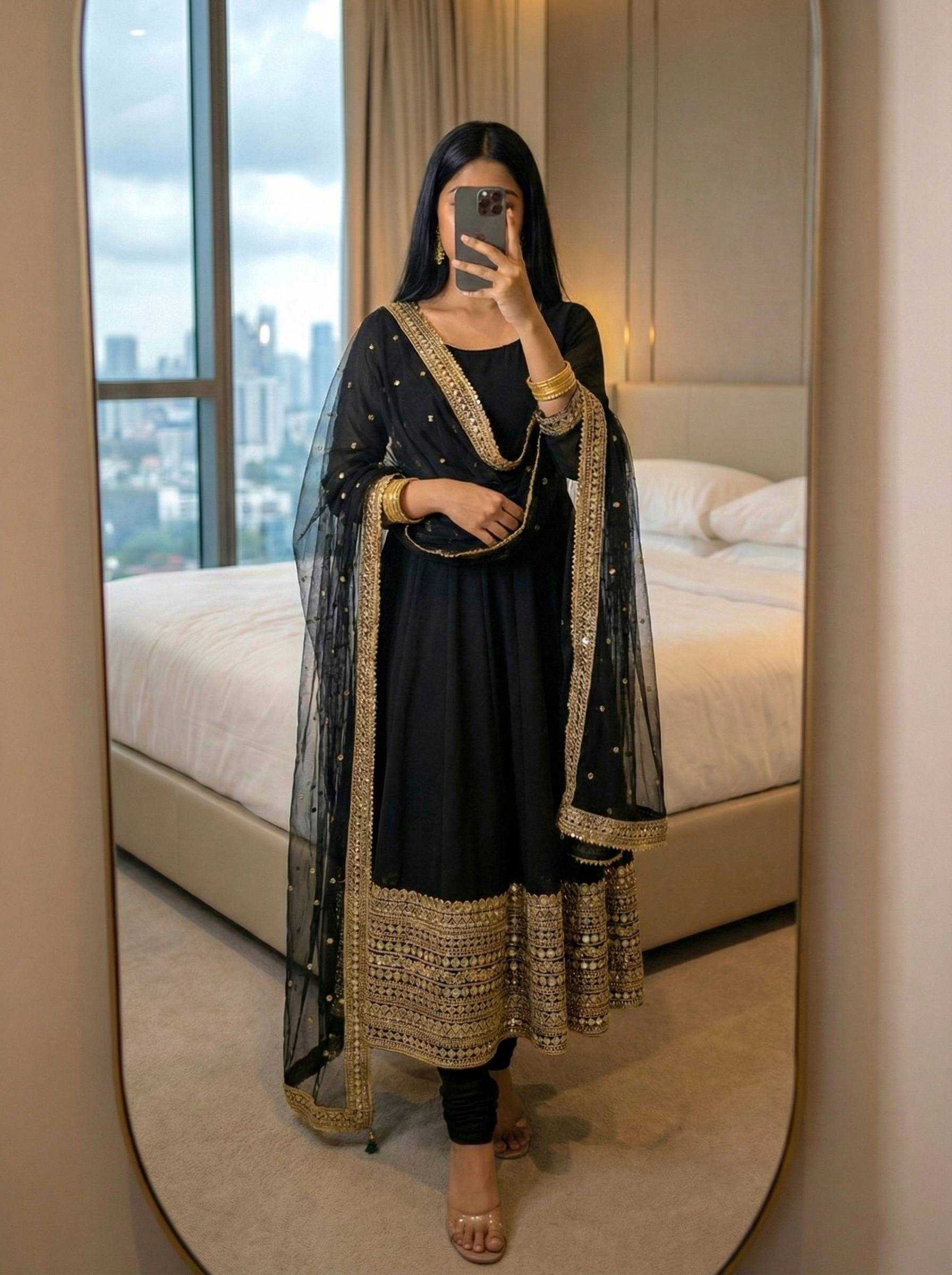 Heavy Roman Silk Anarkali Gown (Black) UNV-GN-004