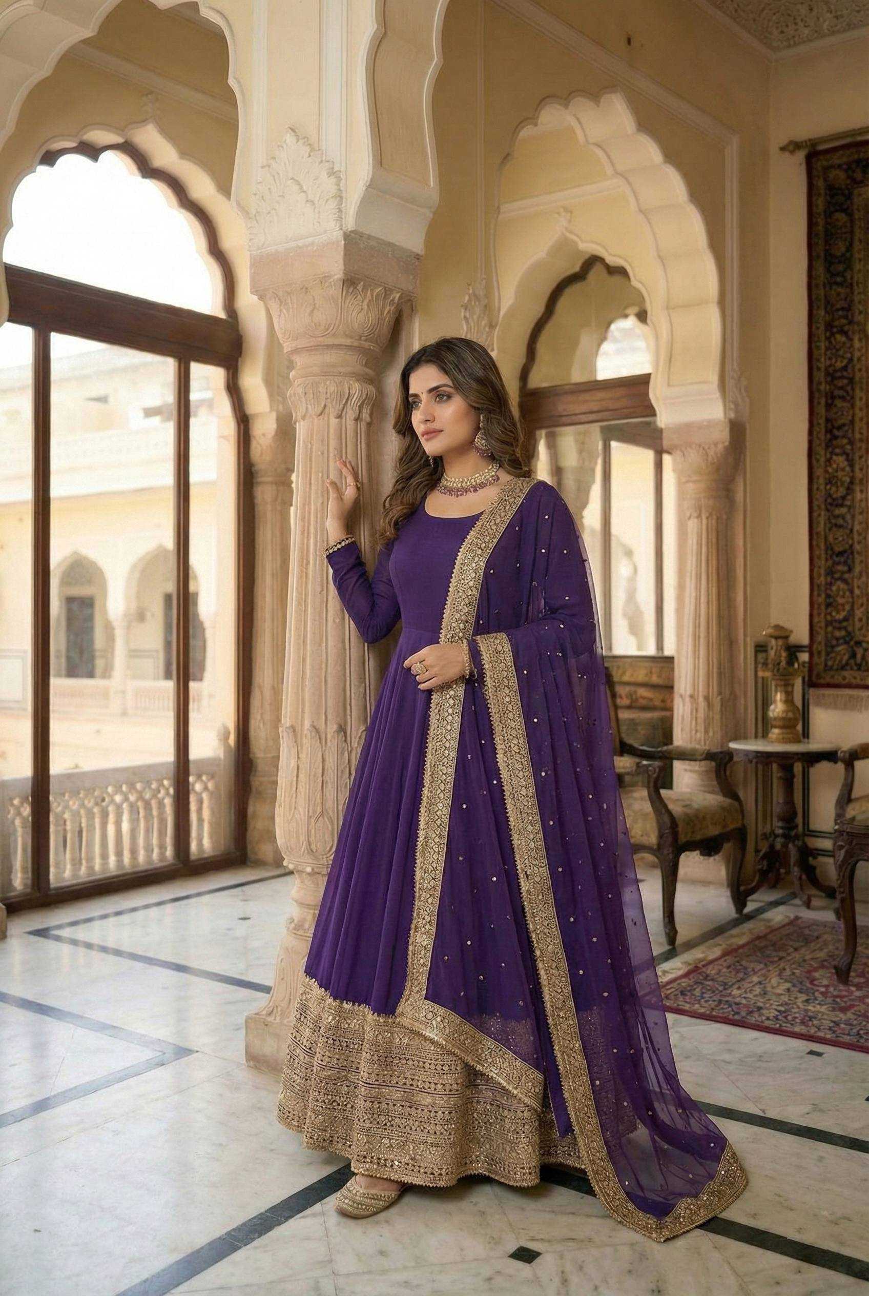 Heavy Roman Silk Anarkali Gown (Purple) UNV-GN-004