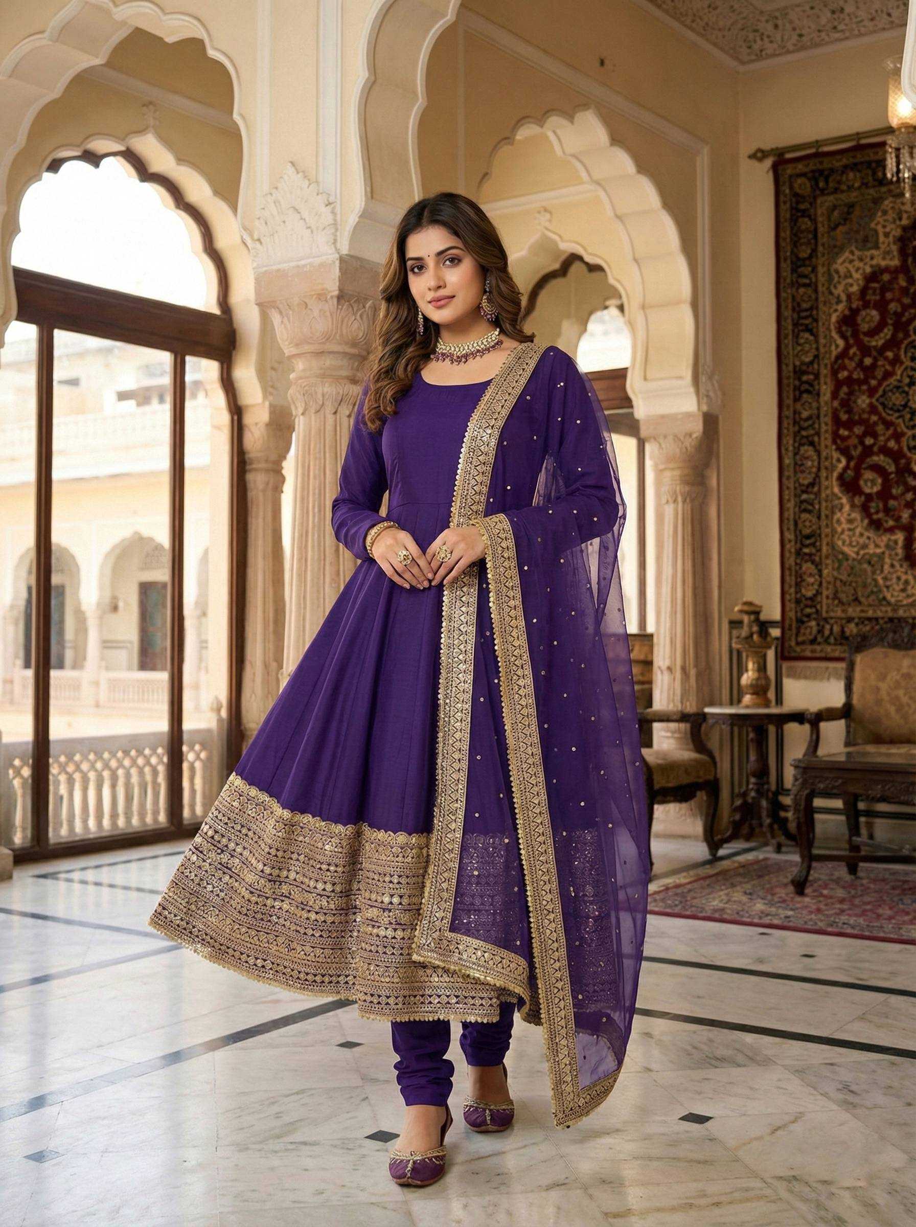 Heavy Roman Silk Anarkali Gown (Purple) UNV-GN-004
