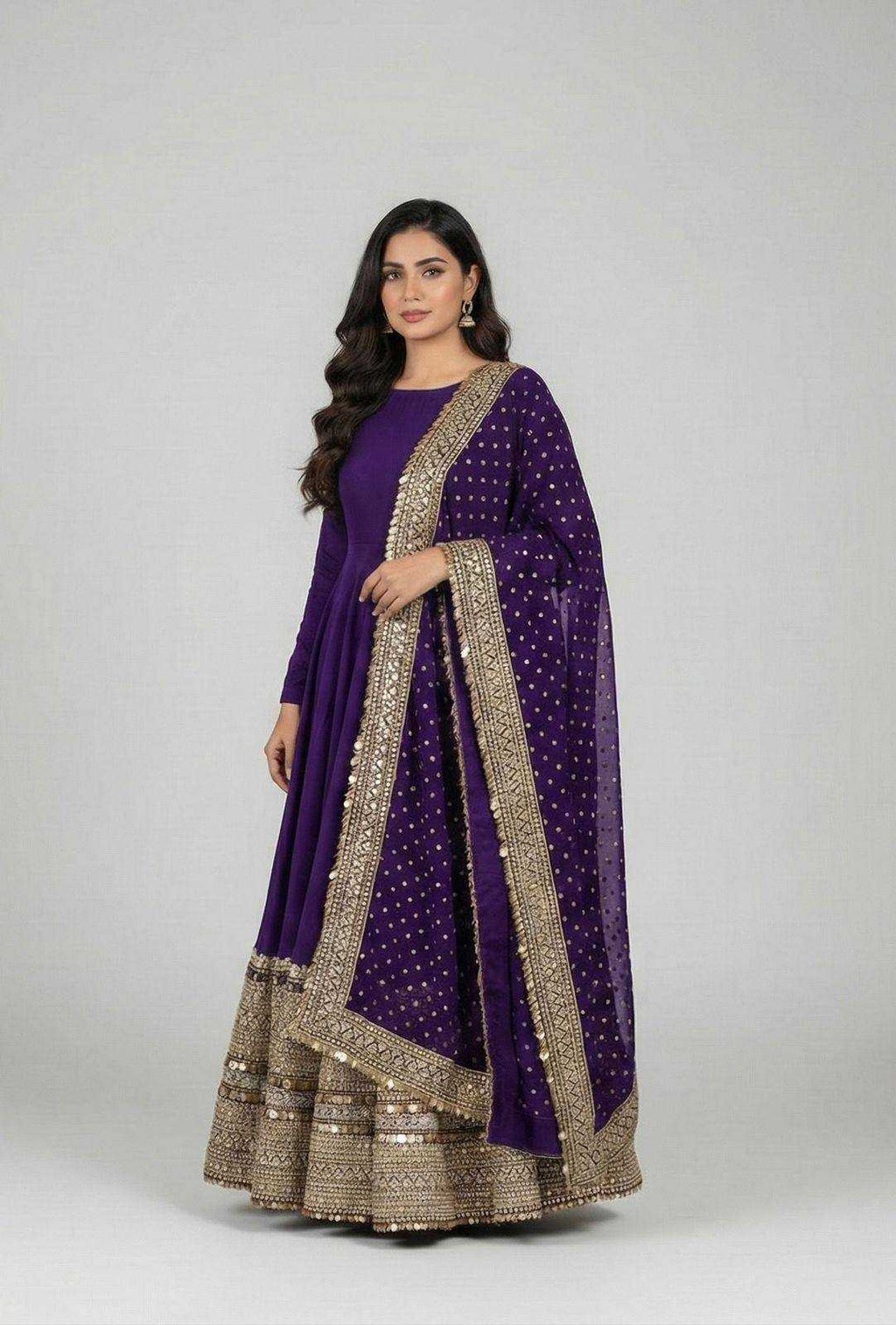 Heavy Roman Silk Anarkali Gown (Purple) UNV-GN-004