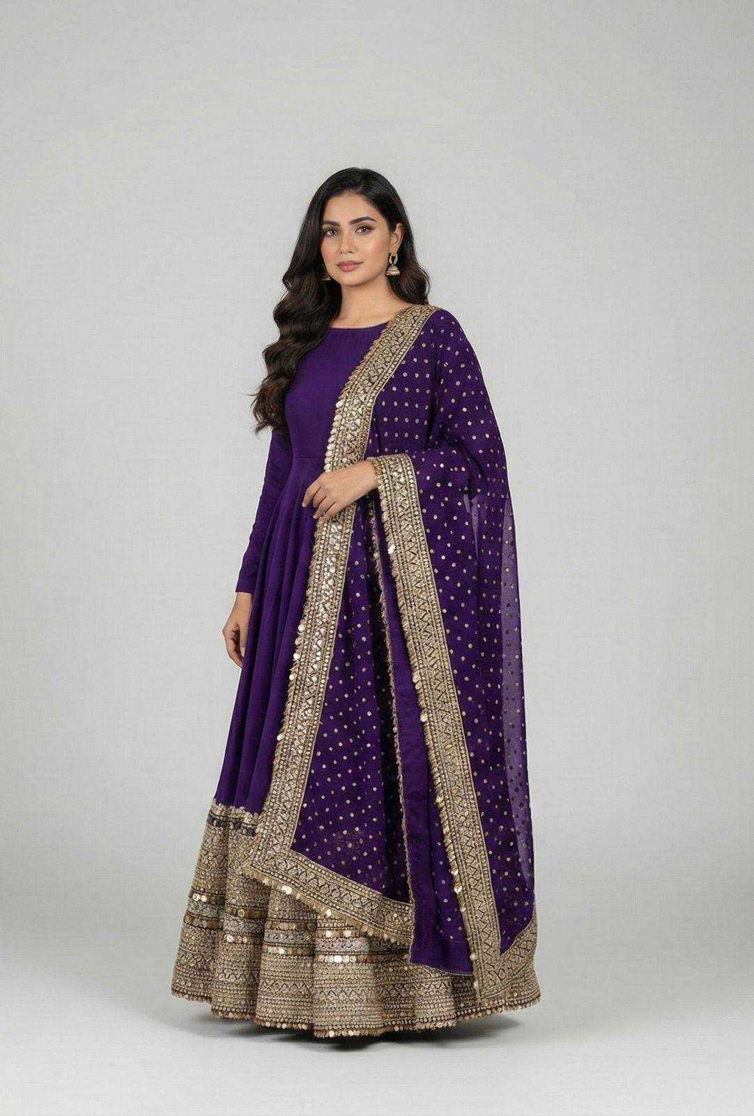 Heavy Roman Silk Anarkali Gown (Purple) UNV-GN-004