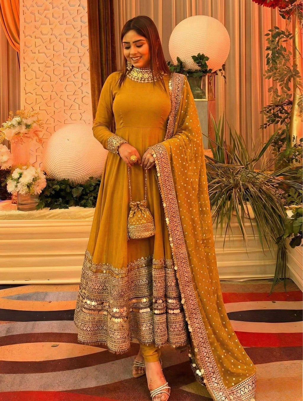 Heavy Roman Silk Anarkali Gown (Yellow) UNV-GN-004