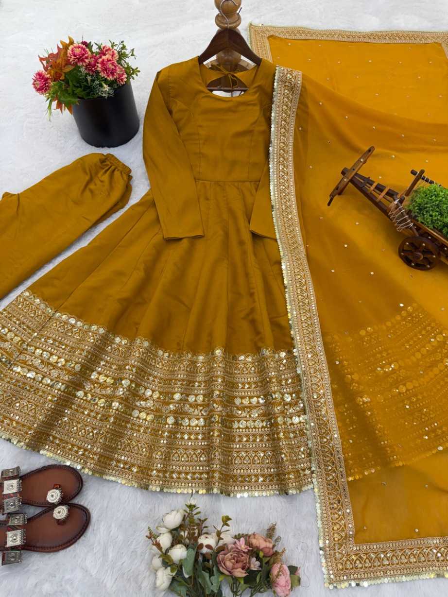 Heavy Roman Silk Anarkali Gown (Yellow) UNV-GN-004