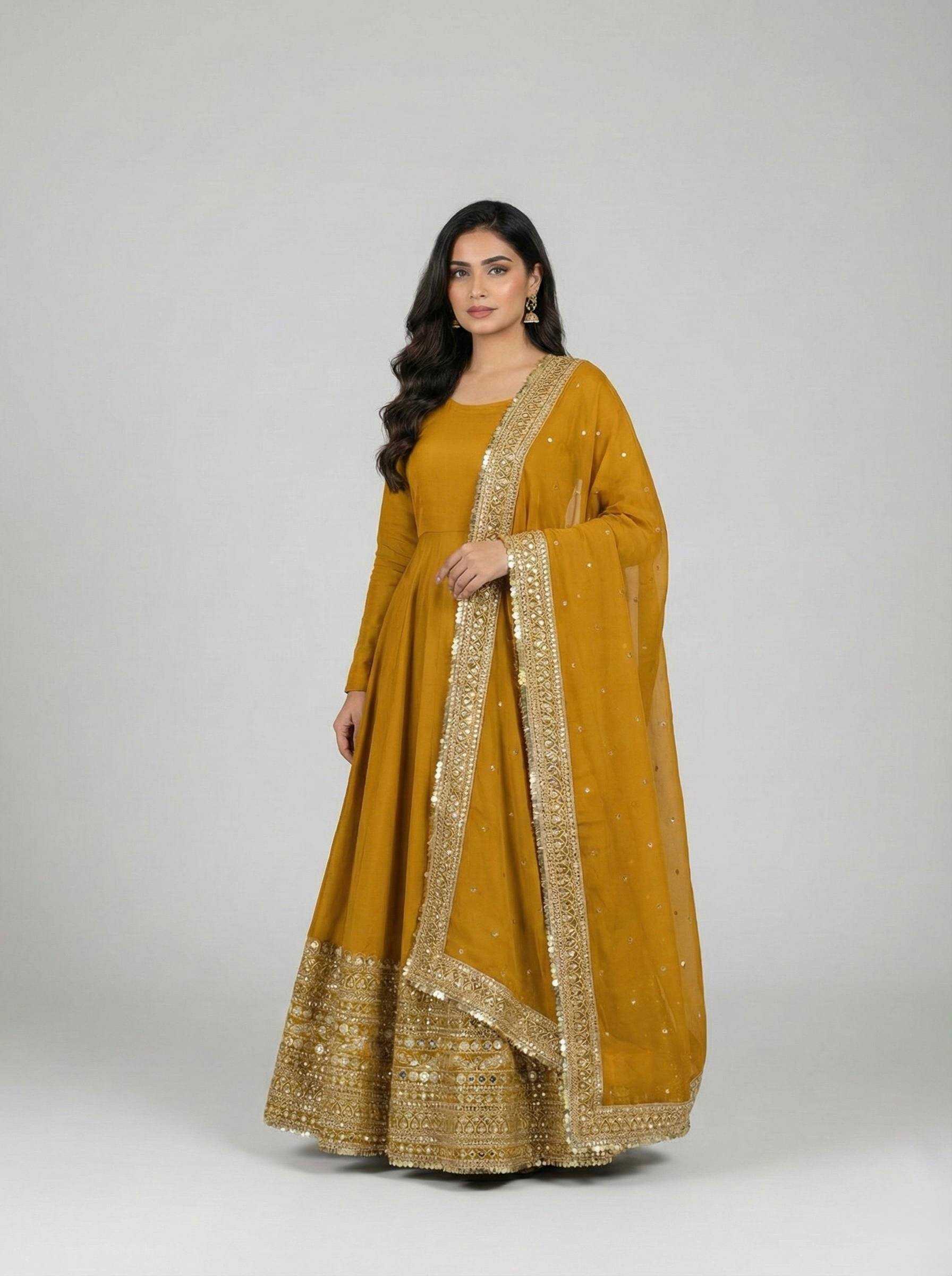 Heavy Roman Silk Anarkali Gown (Yellow) UNV-GN-004