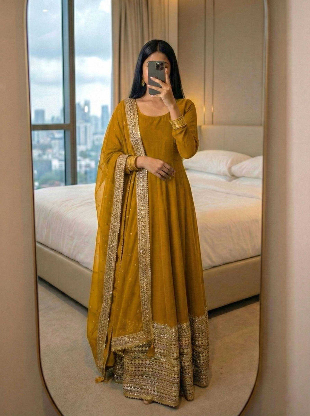 Heavy Roman Silk Anarkali Gown (Yellow) UNV-GN-004