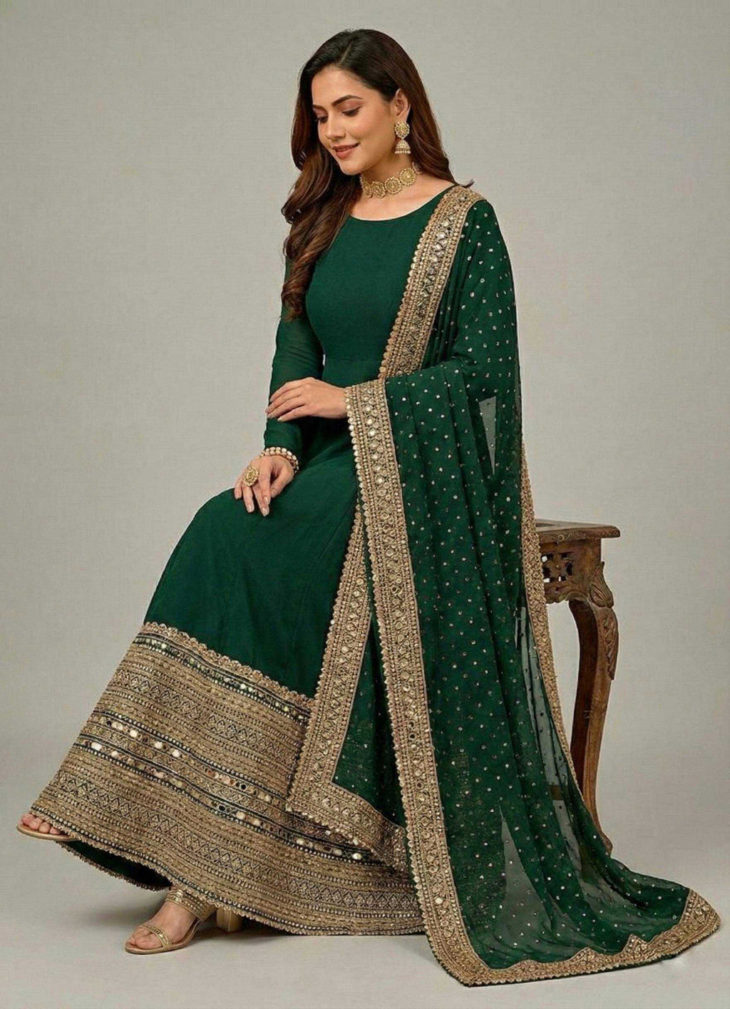 Heavy Roman Silk Anarkali Gown (Green) UNV-GN-004