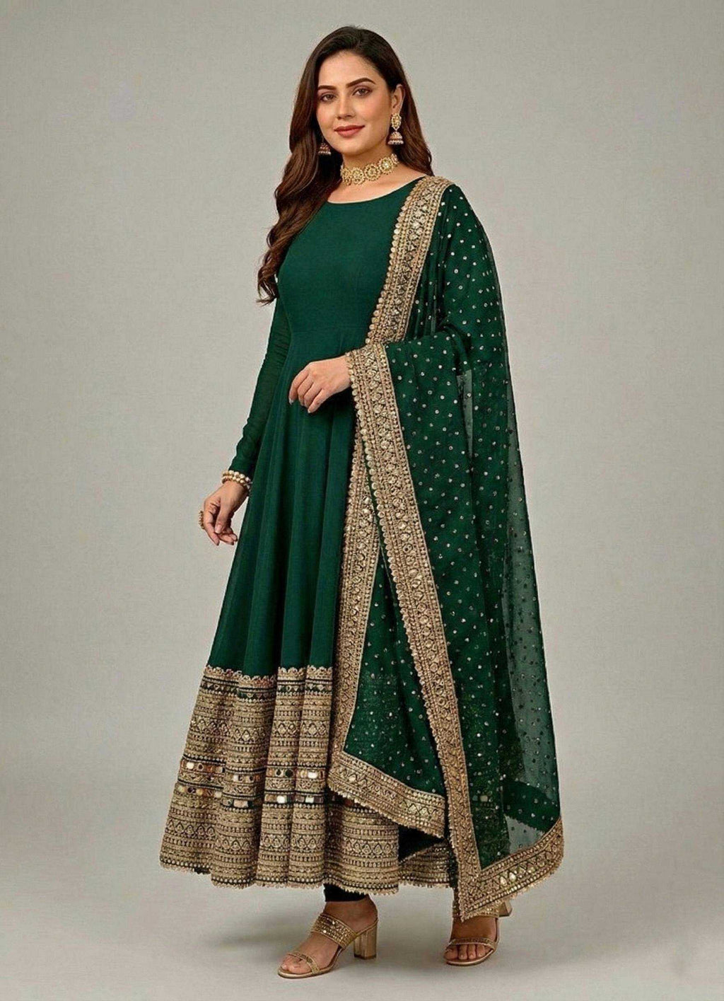 Heavy Roman Silk Anarkali Gown (Green) UNV-GN-004