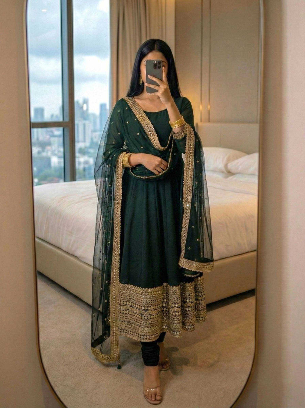 Heavy Roman Silk Anarkali Gown (Green) UNV-GN-004