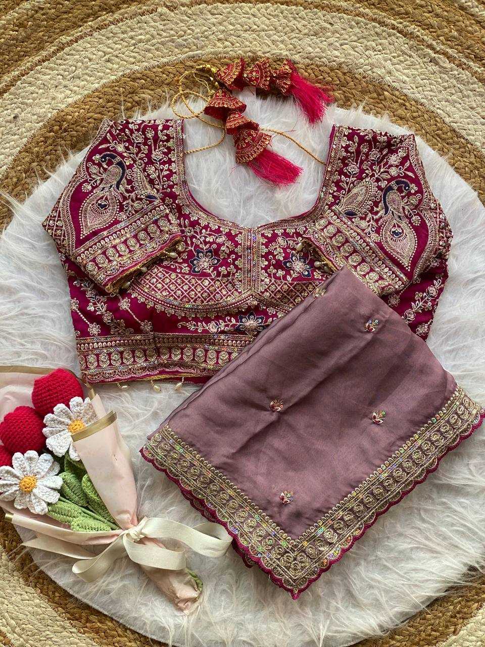 Peacock Rangoli Silk Designer Embroidered saree (Lavender) UNV-SR-016