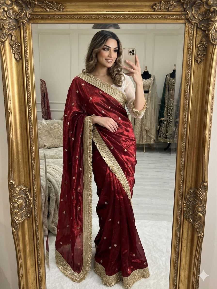 Satin Designer Ghazal saree (Wine) UNV-SR-022