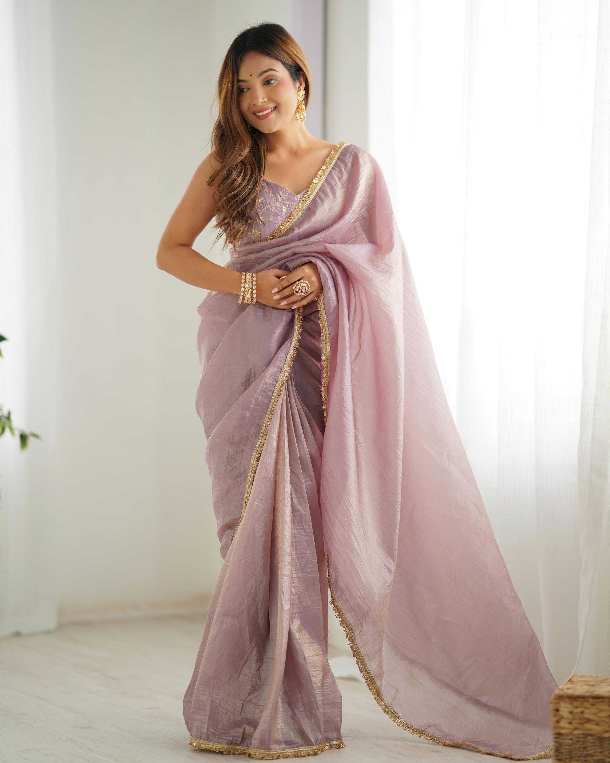 Elegant Tissue Silk Saree with Golden Lace Border