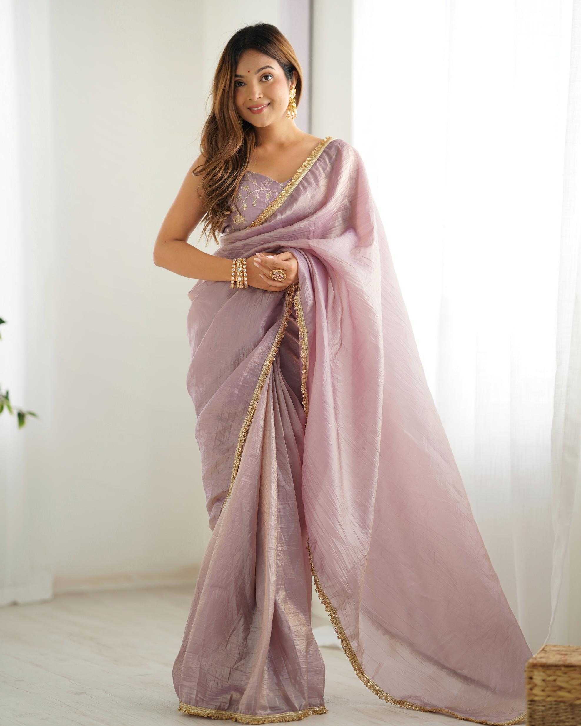 Elegant Tissue Silk Saree with Golden Lace Border