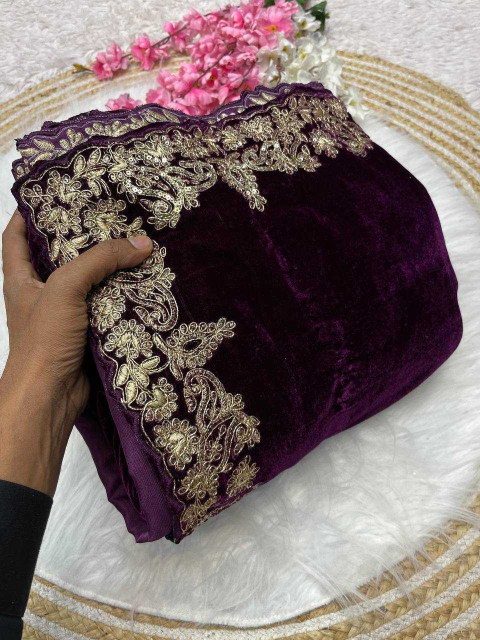 Luxury Wine Velvet Saree